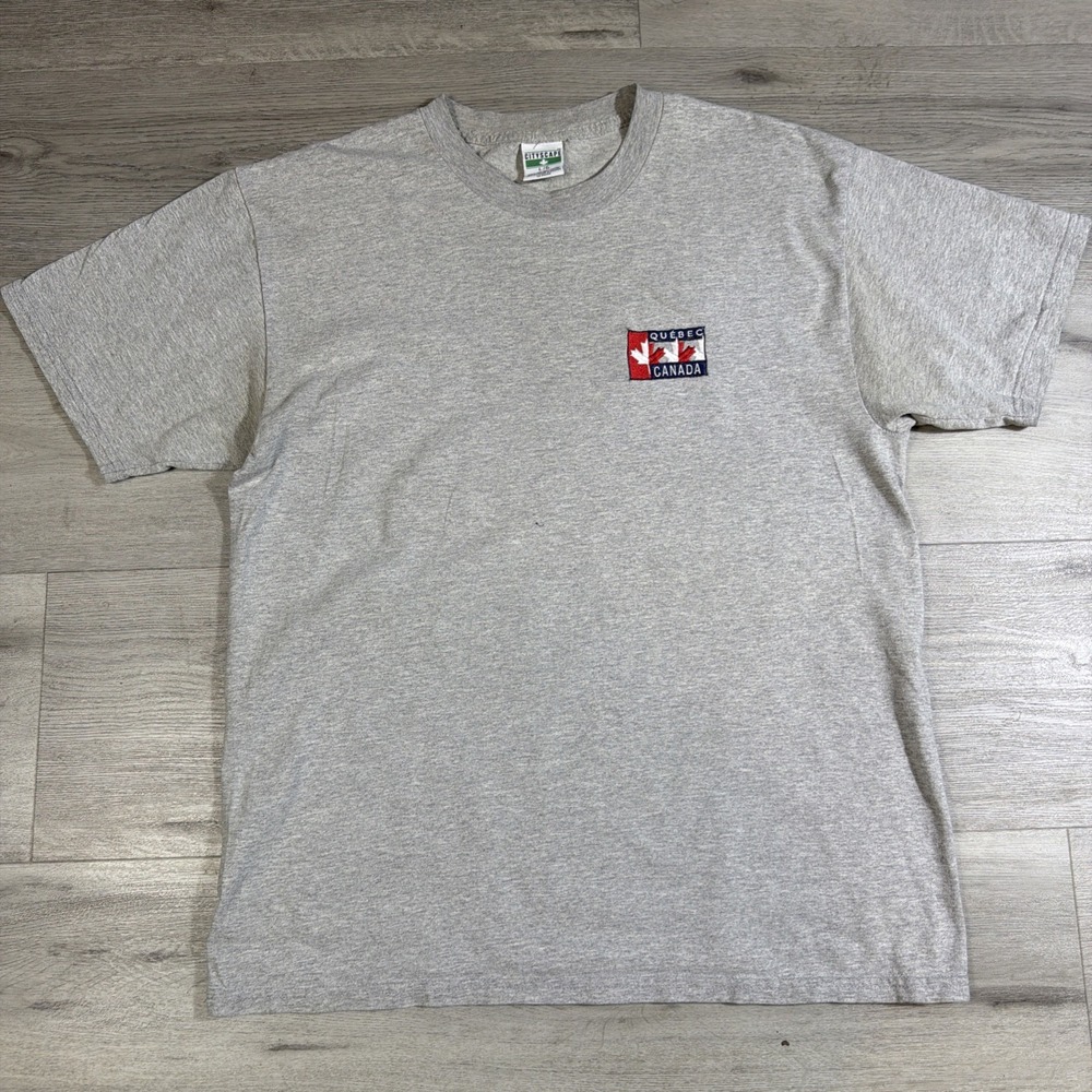 Vintage Quebec‎ Canada Embroidered T Shirt Gray Made In Canada L